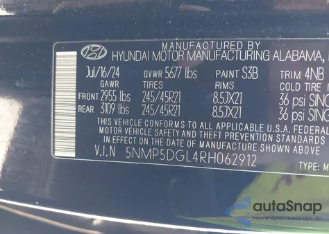 2024 Hyundai Santa Fe Calligraphy z USA, uszkodzony, nr VIN 5NMP5DGL4RH062912